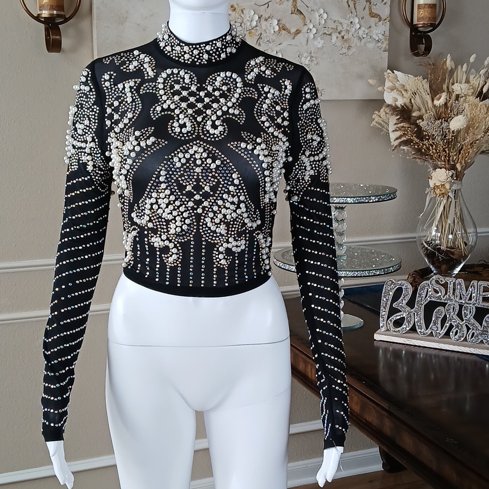 Banjul Black Beaded Long-Sleeve Crop Sheer Cocktail Mock Neck Top. Size M - Picture 13 of 17